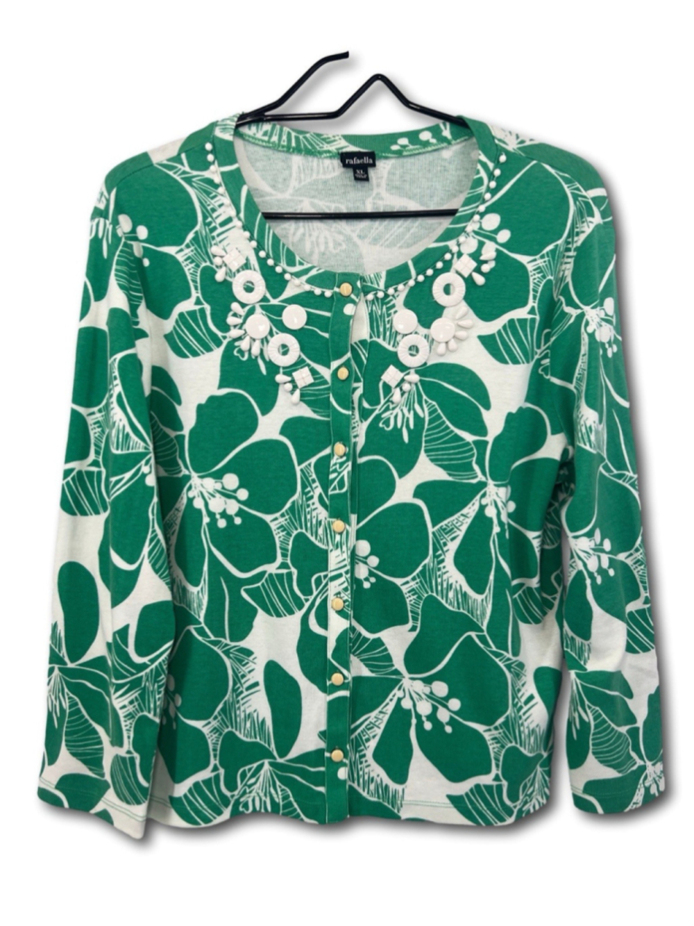 Rafaella Cardigan Sweater Green White Floral Stretch Knit Buttons Women’s XL